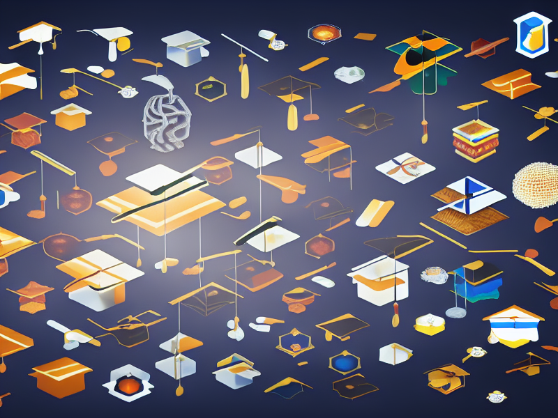 An image produced by Stable Diffusion with items laid out in an isometric grid style, including mortarboards and boxes, and an overall 'educational' feel. 