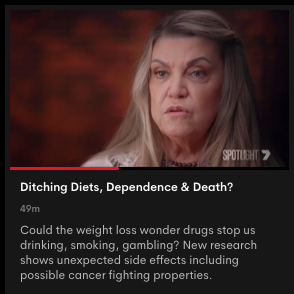 Woman's face with description of TV program below