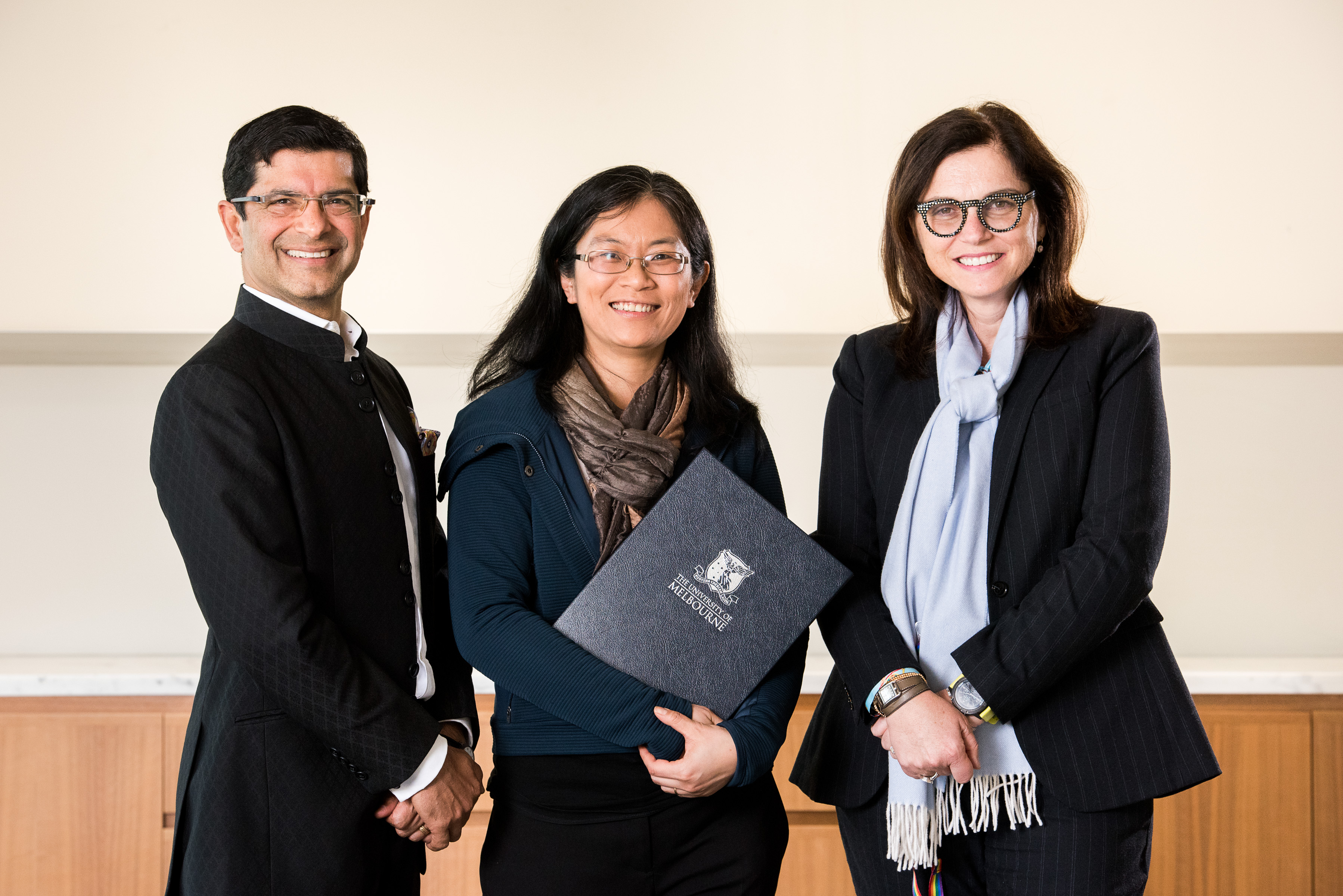 Photo of MDHS Dean, Professor Shitij Kapur, award recipient Dr Angelina Fong and Head of the School of Biomedical Sciences, Professor Fabienne Mackay