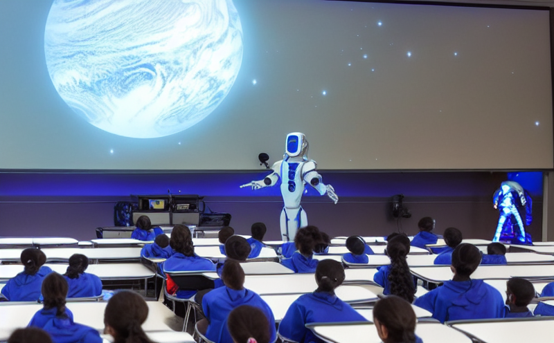 Robot lecturing to students, a planet and stars is shown on a large screen behind the robot