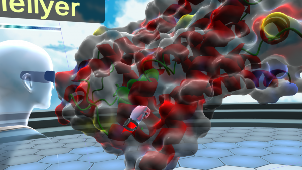 A VR avatar examining a complex molecule