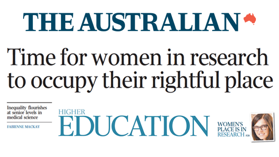 A graphic including the masthead of The Australian newspaper and its Higher Education section, and the Headline of Professor Fabienne Mackay's article "Time for women in research to occupy their rightful place".