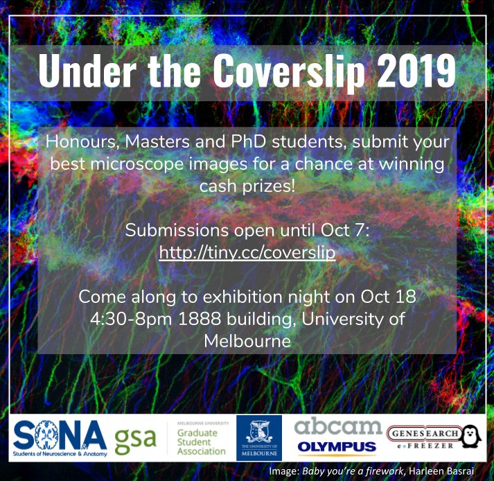 Poster for Under the Coverslip 2019: Honours, Masters and PhD students, submit your best microscope images for a chance at winning cash prizes!